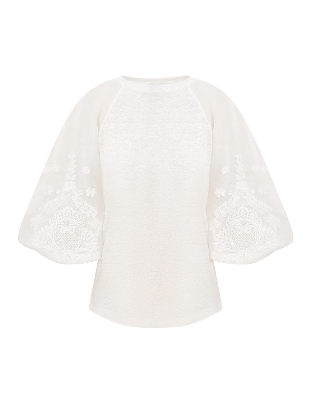 Lace Trim Lantern Sleeve Tee