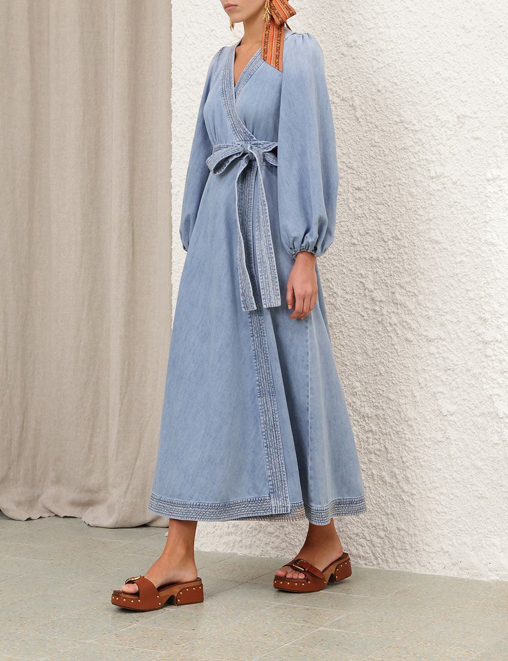 Indra Denim Wrap Midi Dress