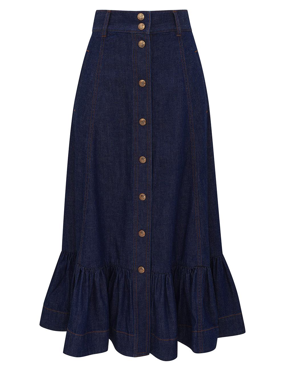 Aster Denim Frill Midi Skirt