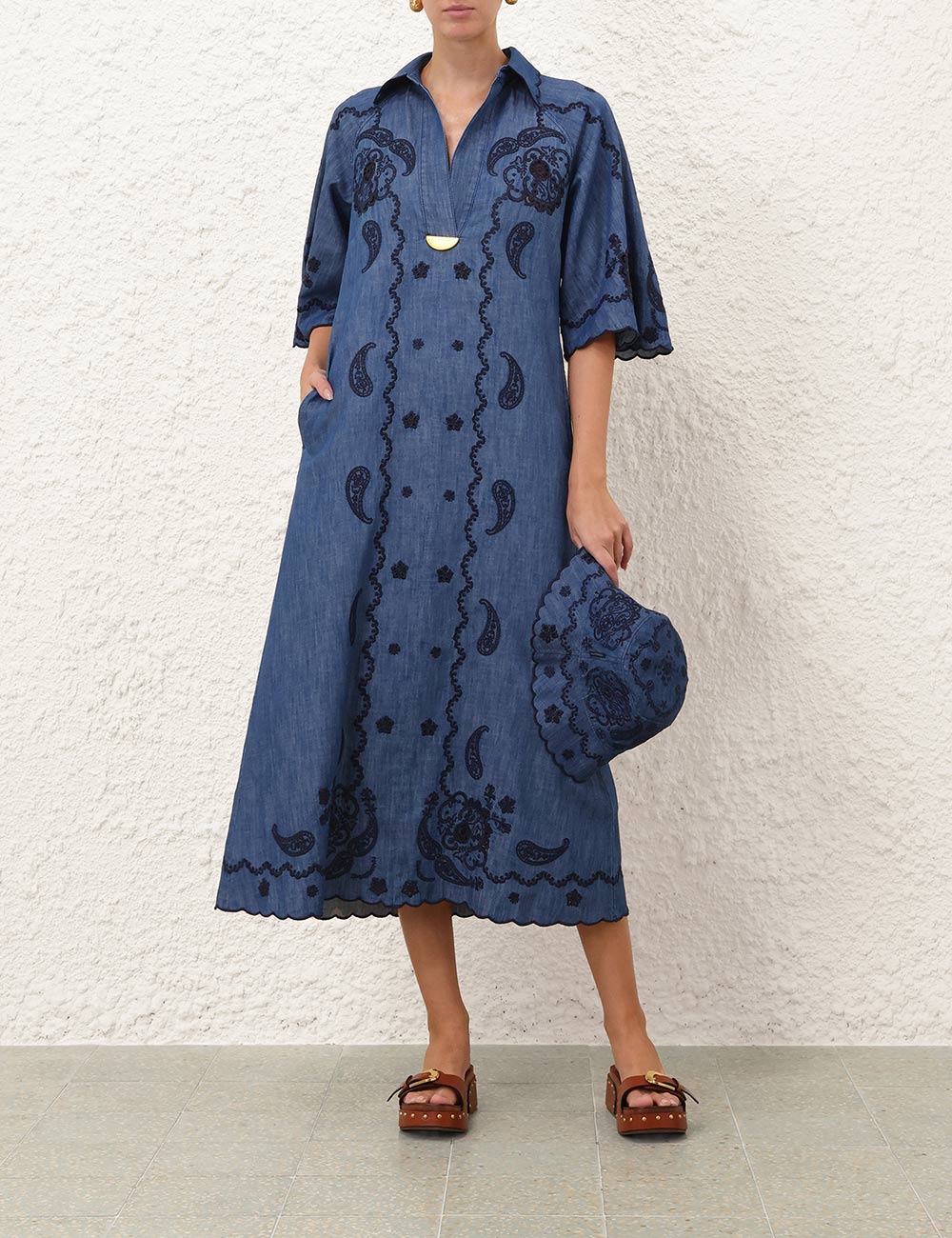 Aster Embroidered Denim Midi