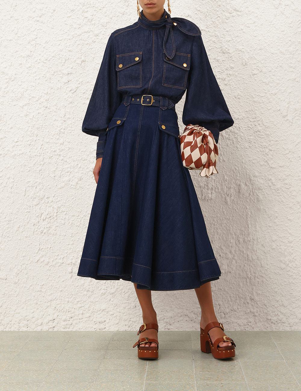 Denim Utility Midi Skirt