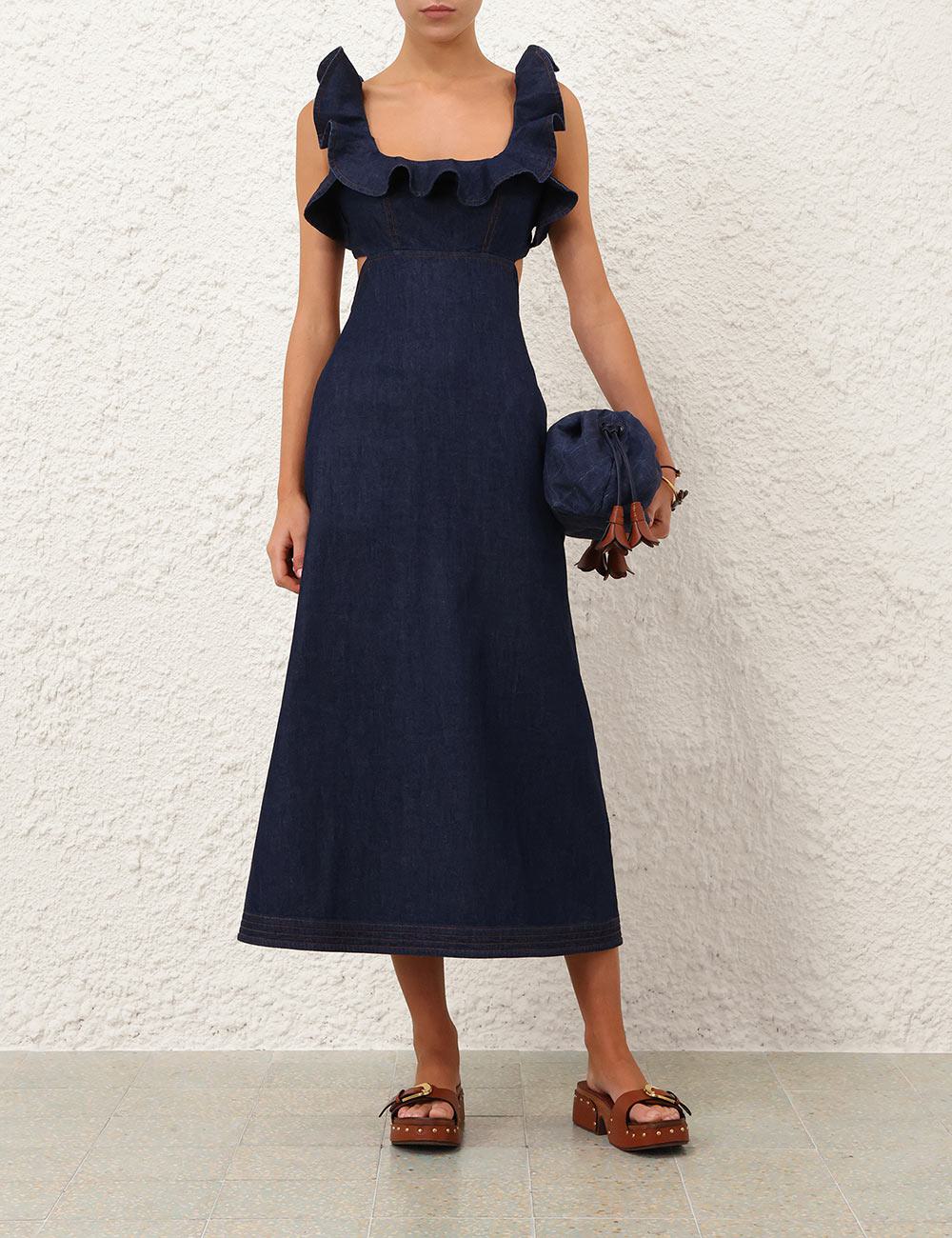 Aster Denim Frill Midi Dress
