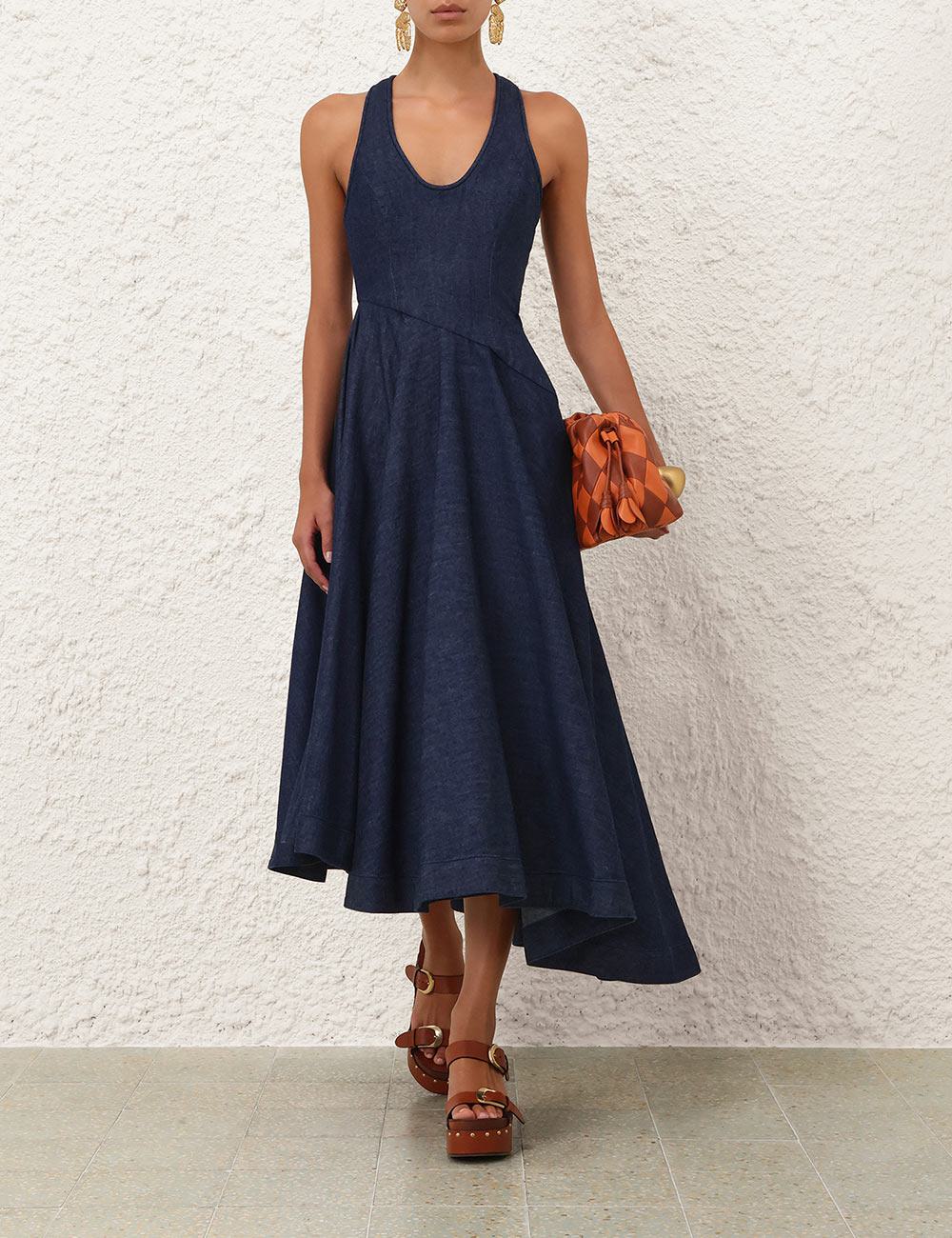 Denim Scoop Neck Midi Dress