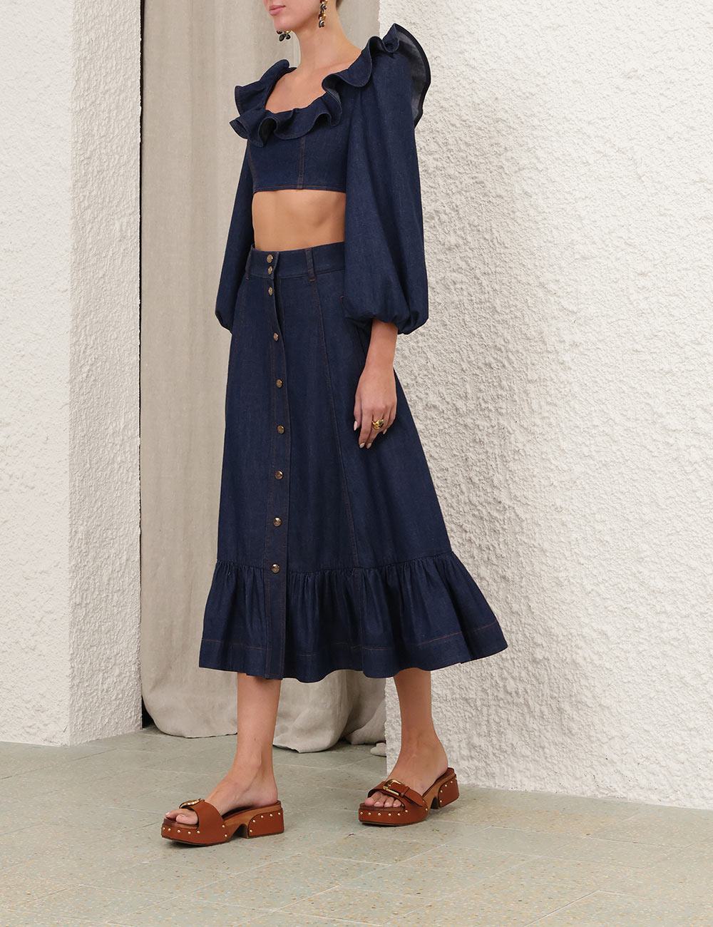 Aster Denim Frill Midi Skirt