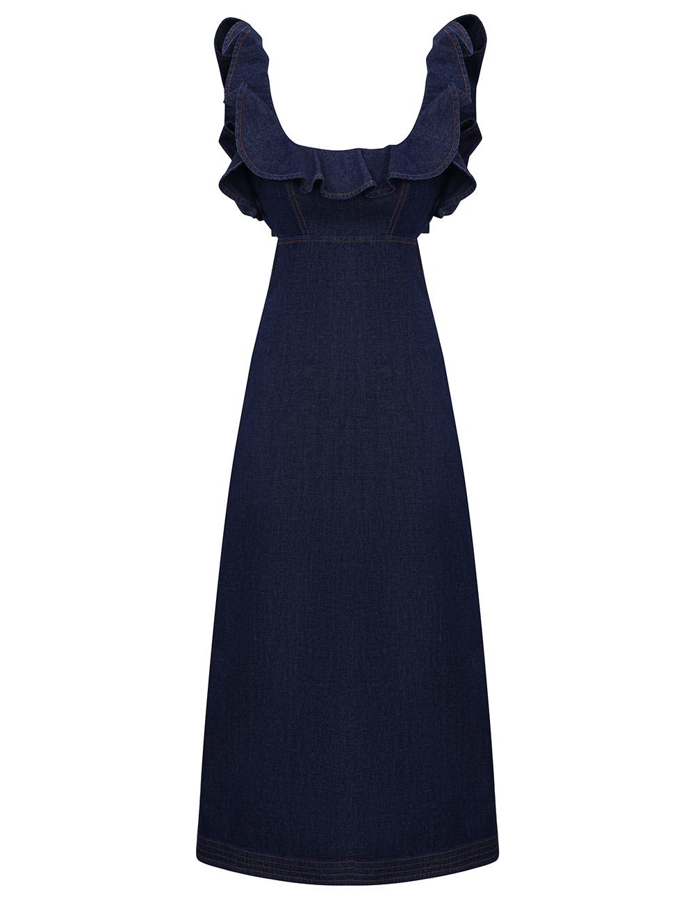 Aster Denim Frill Midi Dress