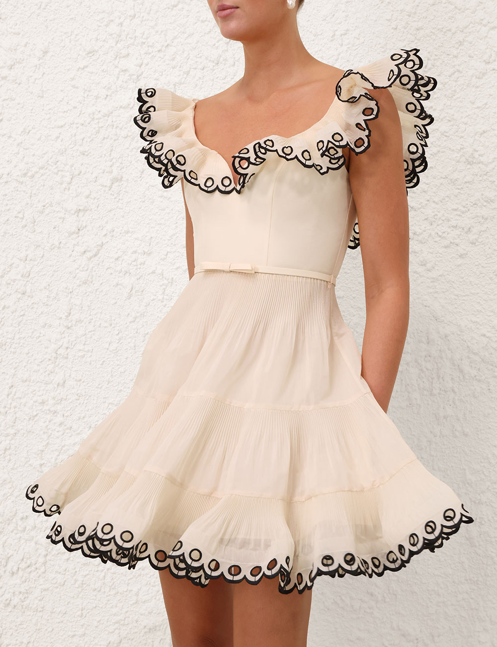 Embroidered Frilled Mini Dress