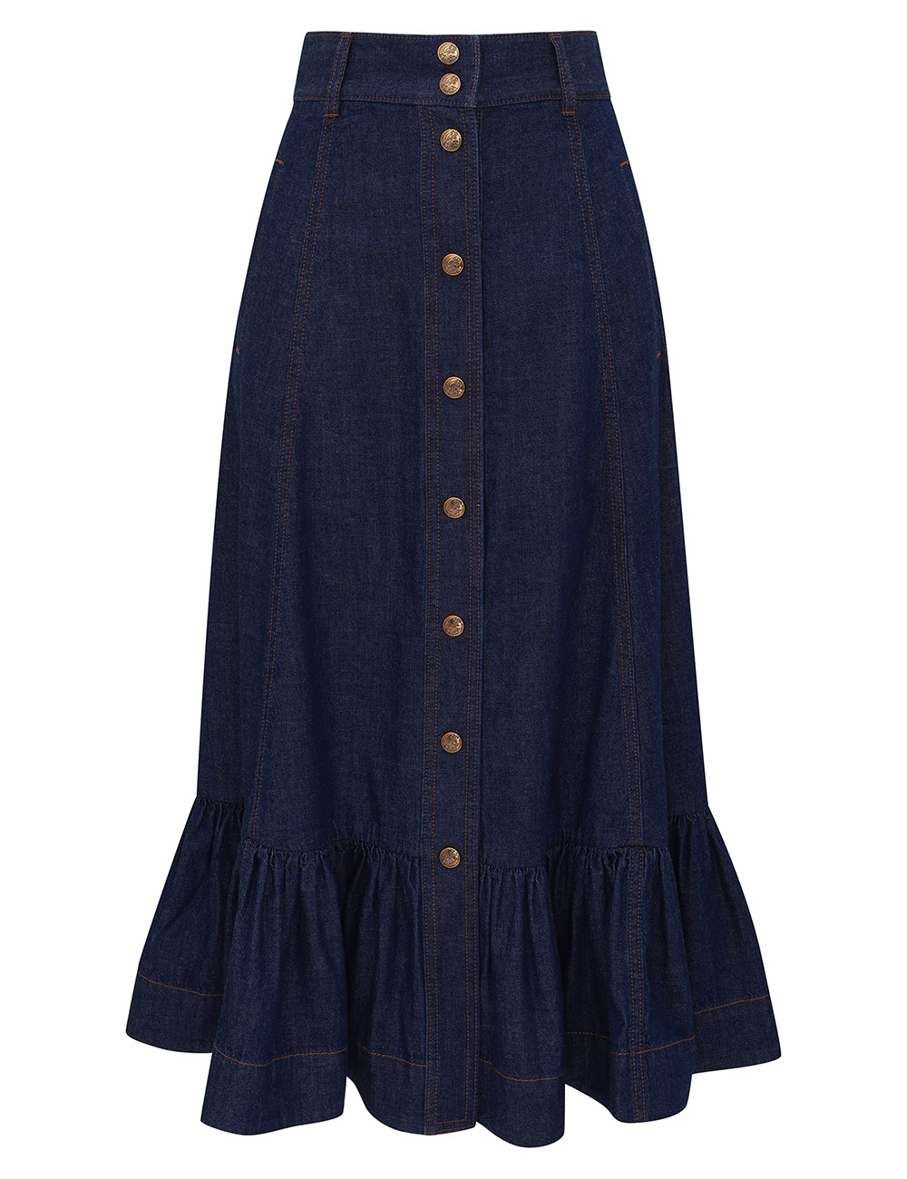 Aster Denim Frill Midi Skirt